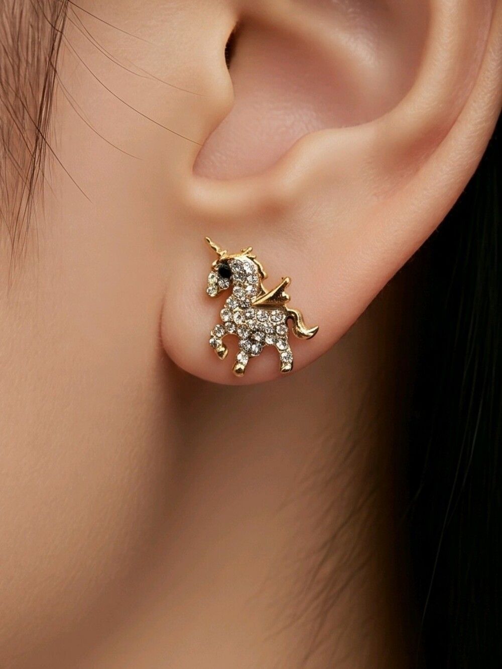 Gold Unicorn Stud Earrings Rhinestone Fantasy Jewelry Dainty Sparkle Whimsical